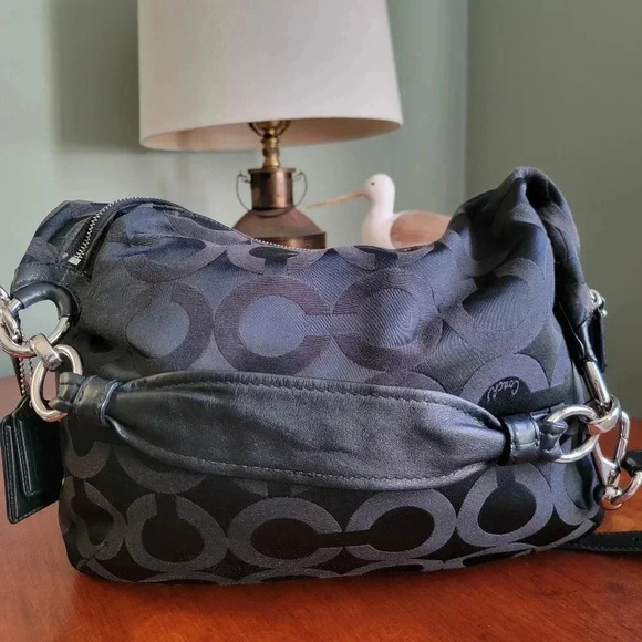 Coach Black Kristen Op Art Hobo Black Signature Jacquard and Leather #16811 - Picture 5 of 16